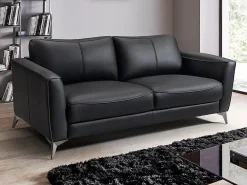 New Vente-unique Sofá BATUCO de 3 lugares em couro com debrum cinza. Preto