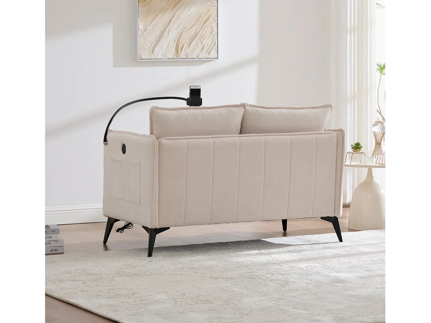 Sofá de 2 lugares - com compartimentos laterais para arrumação e suporte para telemóvel - chenille - para sala de estar e quarto^ Sofá