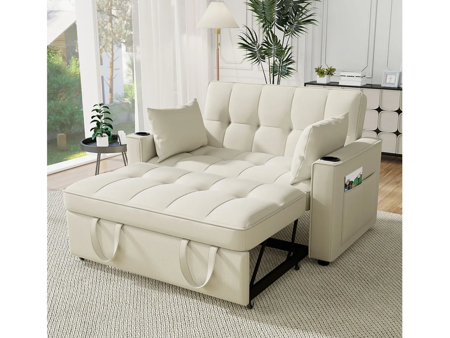 Sofá de 2 lugares - Sofá-cama com suporte para copos e bolso para arrumação - almofadas e rodízios^ Sofá
