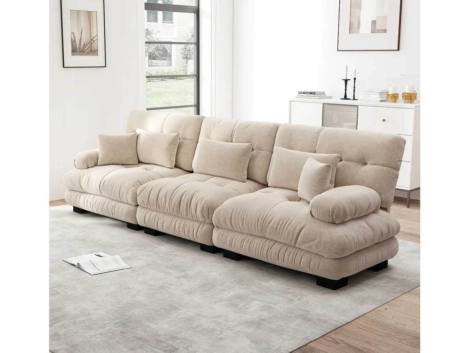 Sofá| Sofá de 3 lugares - Sofá reto com 3 almofadas lombares e 3 almofadas decorativas - chenille Bege
