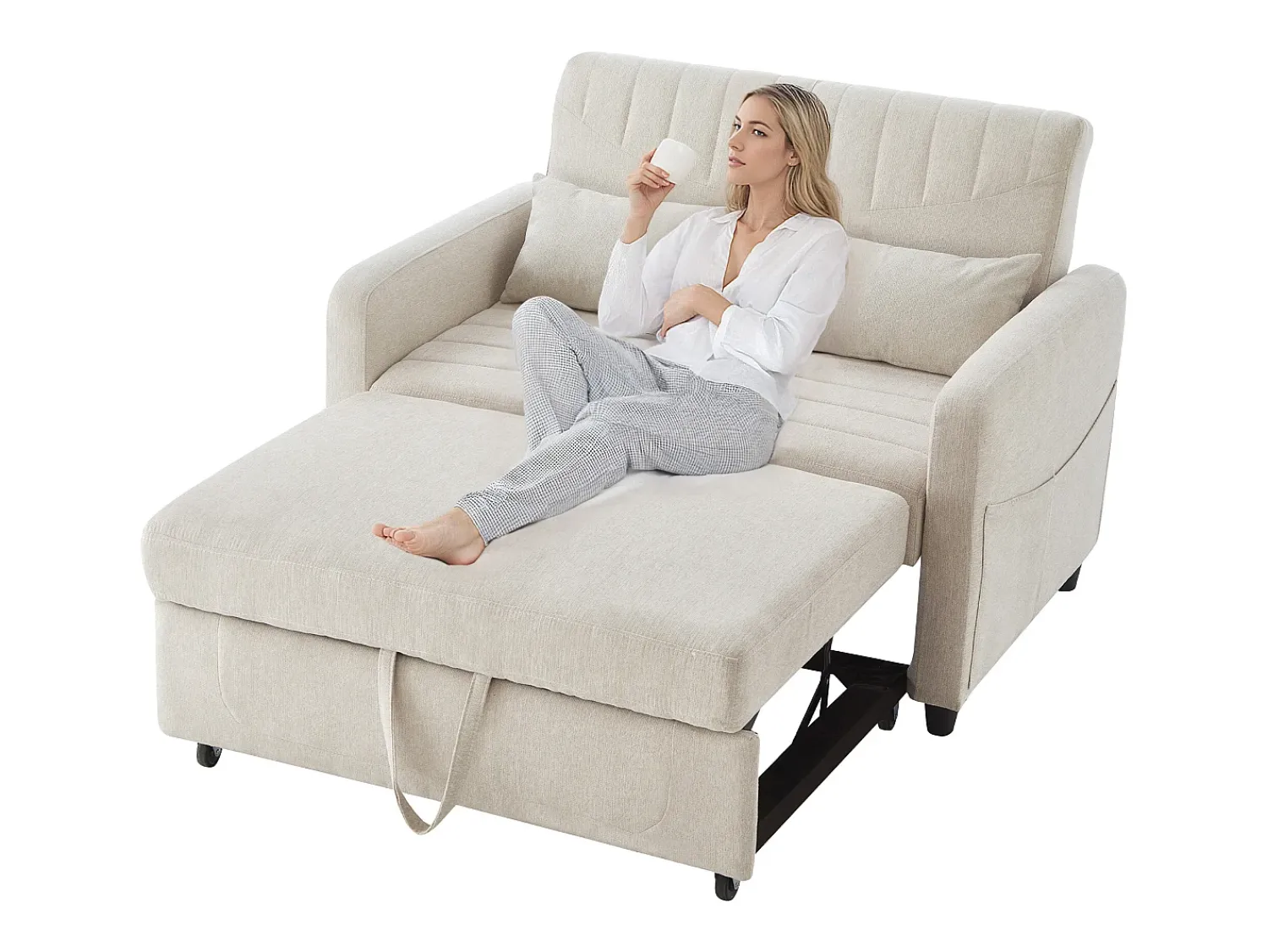 Sofá de 2 lugares - Sofá lounge com função de extensão e duas almofadas - encosto ajustável - tecido de algodão e linho^ Sofá