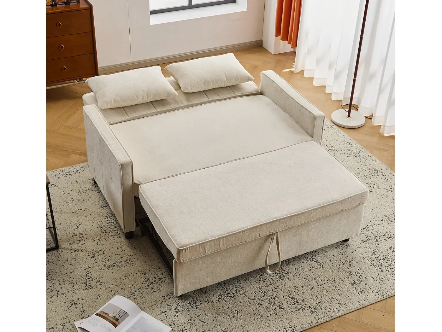 Sofá* Sofá de 2 lugares - Sofá de sala com encosto ajustável e função de cama retrátil - 2 almofadas e apoios de braços - chenille Bege