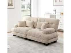 New Sofá de 2 lugares - Sofá reto com 2 almofadas lombares e 2 almofadas decorativas - chenille Bege