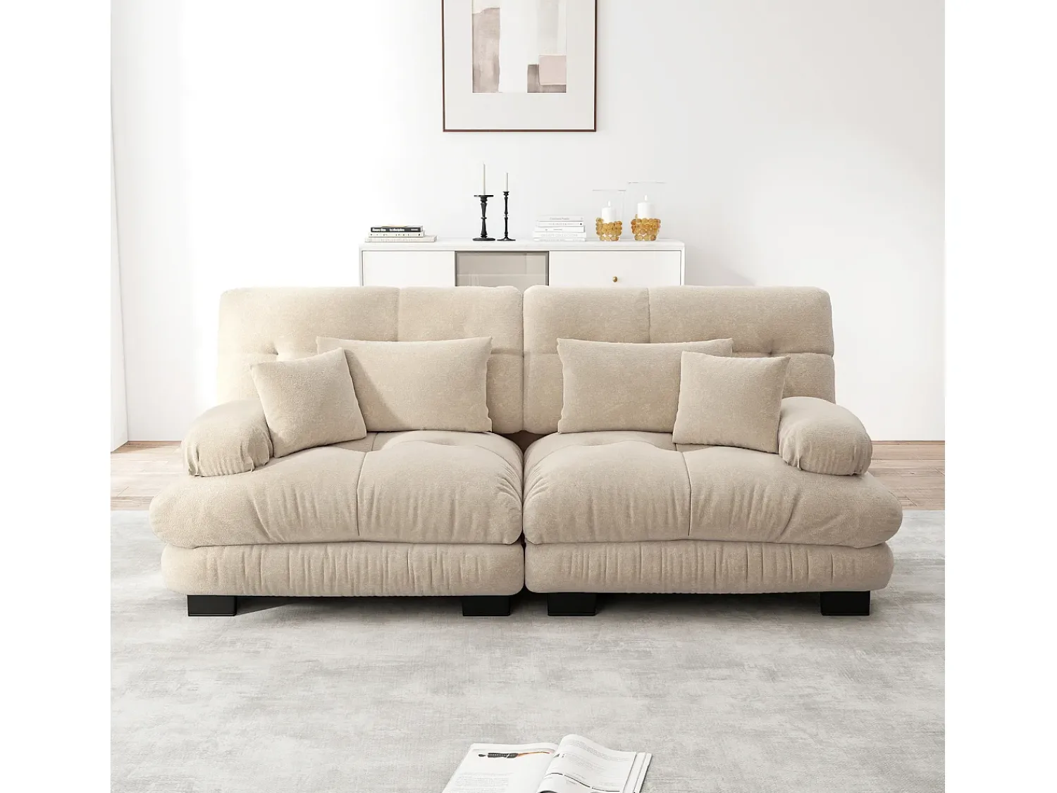 New Sofá de 2 lugares - Sofá reto com 2 almofadas lombares e 2 almofadas decorativas - chenille Bege