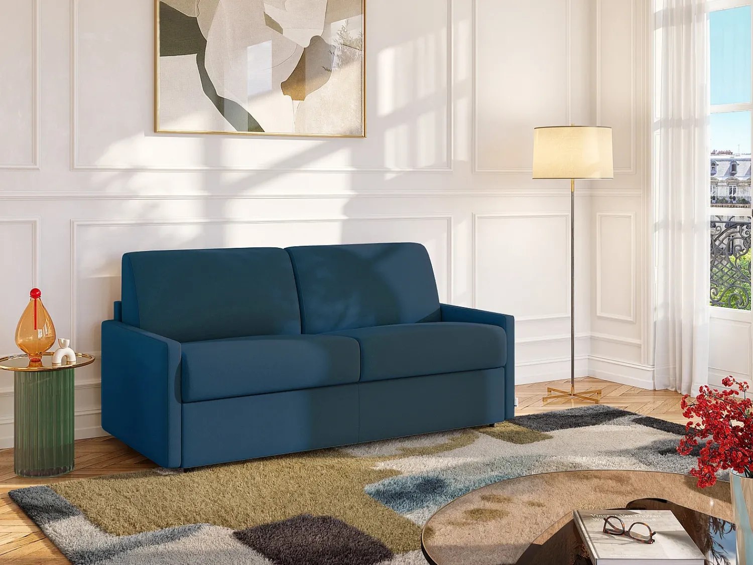Vente-unique Sofá cama 4 lugares colchão de 22 cm tecido cinzento CALIFE^ Sofá