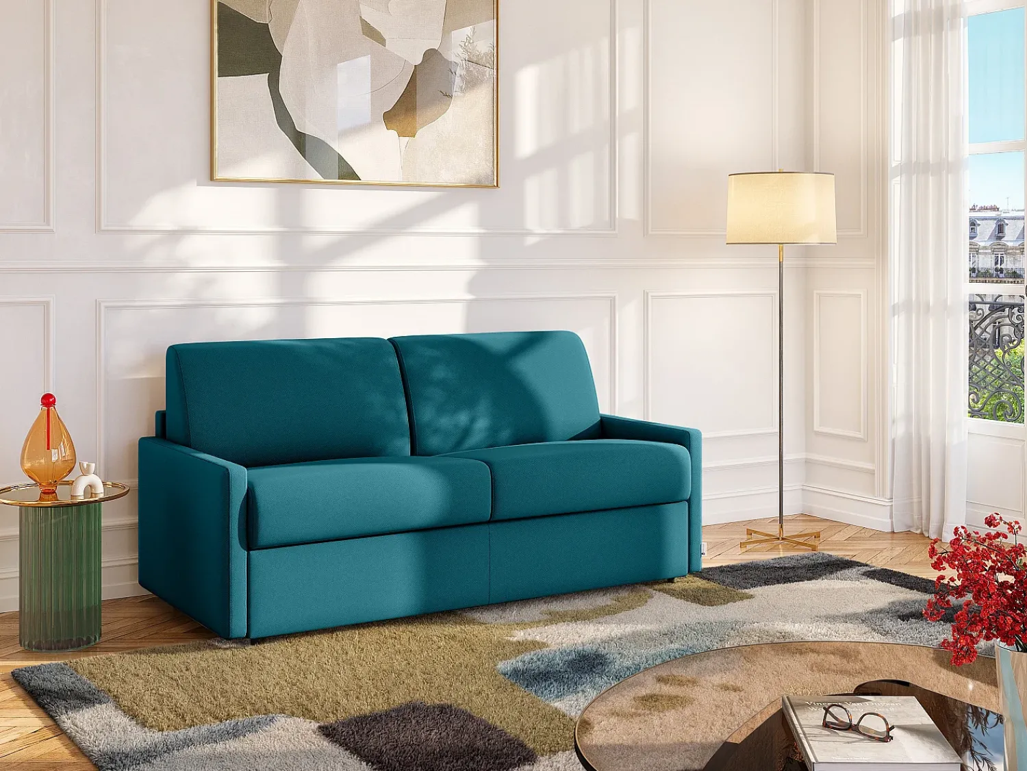 Vente-unique Sofá cama 2 lugares rapidamente convertível 22 cm tecido cinzento CALIFE^ Sofá