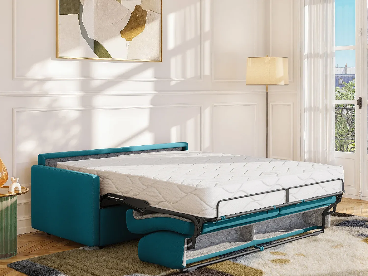 Vente-unique Sofá cama 2 lugares rapidamente convertível 22 cm tecido cinzento CALIFE^ Sofá