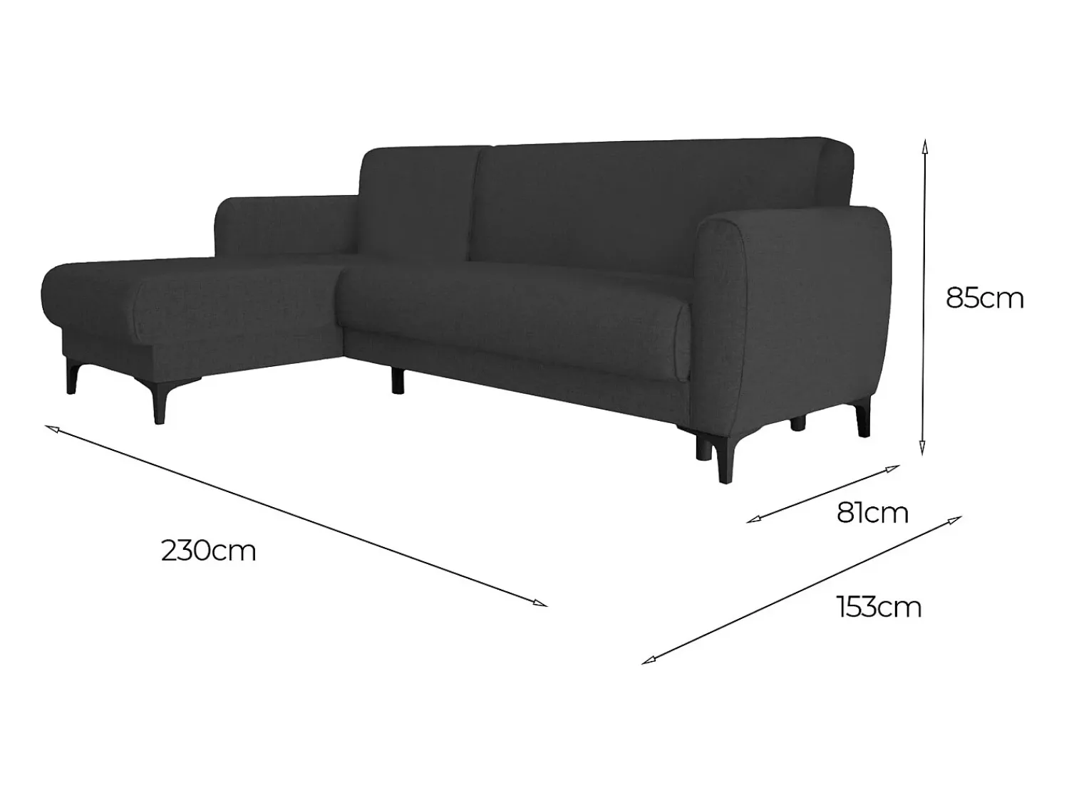 Dmora Sofá cama Dabazo, Sofá cama de canto com península reversível, Sofá moderno de arrumação com chaiselongue e 3 almofadas, 230x153h85 cm, Antracite^ Sofá
