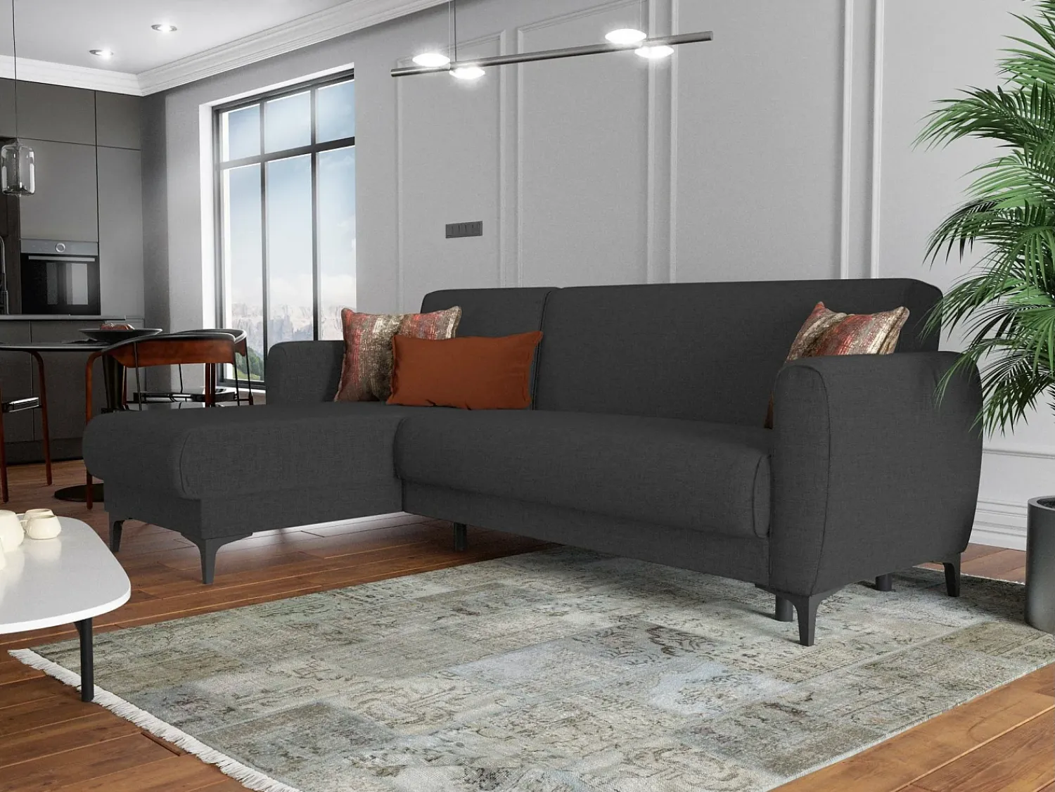 Dmora Sofá cama Dabazo, Sofá cama de canto com península reversível, Sofá moderno de arrumação com chaiselongue e 3 almofadas, 230x153h85 cm, Antracite^ Sofá
