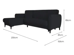 New Dmora Sofá cama Dabazo, Sofá cama de canto com península reversível, Sofá moderno com chaiselongue e 3 almofadas, 230x153h85 cm, Azul
