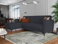 New Dmora Sofá cama Dabazo, Sofá cama de canto com península reversível, Sofá moderno com chaiselongue e 3 almofadas, 230x153h85 cm, Azul