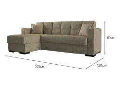New Dmora Sofá cama Ddajca, Sofá cama de canto com península reversível, Sofá de arrumação para sala com chaislongue e 2 almofadas, 230x150h81 cm, Bege