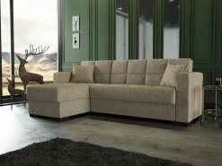 New Dmora Sofá cama Ddajca, Sofá cama de canto com península reversível, Sofá de arrumação para sala com chaislongue e 2 almofadas, 230x150h81 cm, Bege