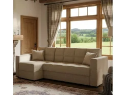 New Dmora Sofá cama Ddajca, Sofá cama de canto com península reversível, Sofá de arrumação para sala com chaislongue e 2 almofadas, 230x150h81 cm, Bege