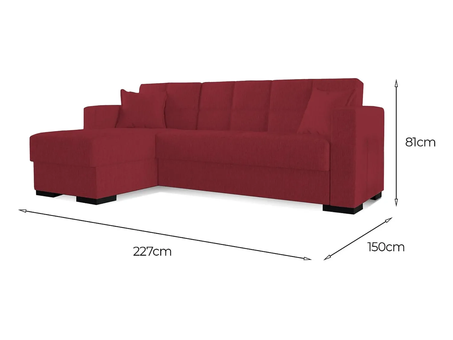Dmora Sofá cama Ddajca, Sofá cama de canto com península reversível, Sofá de arrumação para sala com chaislongue e 2 almofadas, 230x150h81 cm,^ Sofá