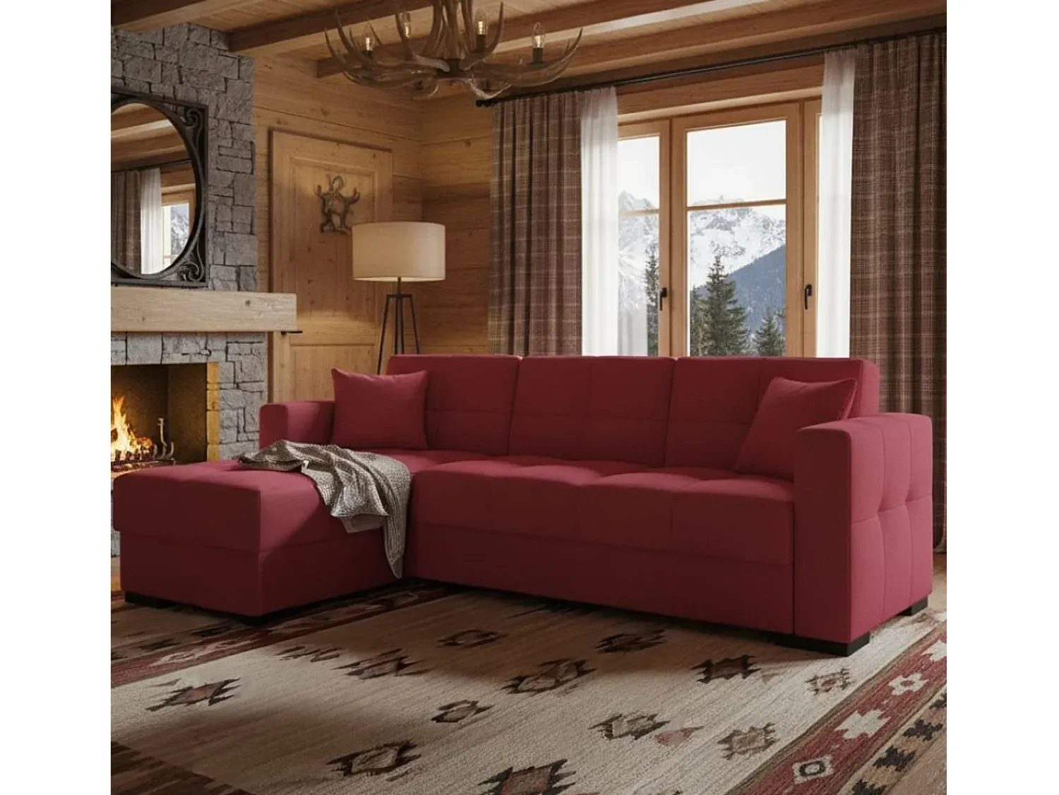 Dmora Sofá cama Ddajca, Sofá cama de canto com península reversível, Sofá de arrumação para sala com chaislongue e 2 almofadas, 230x150h81 cm,^ Sofá