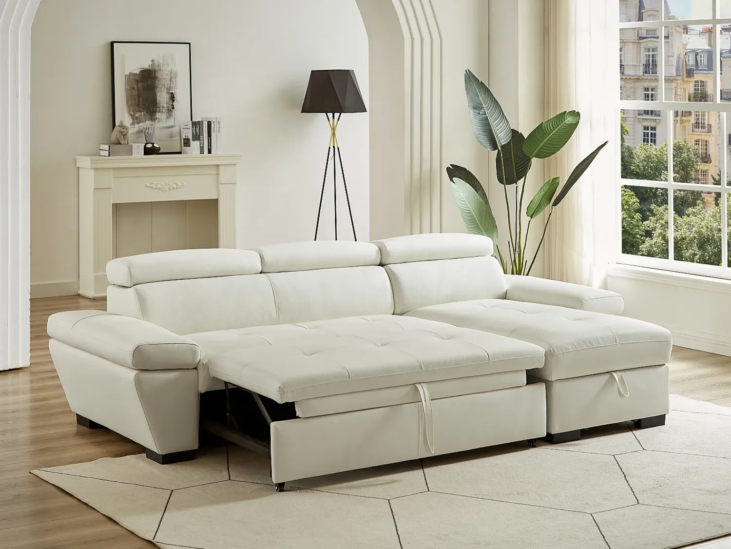 Sofá*LINEA SOFA Sofá cama de canto direito em dois materiais JONOVA Branco