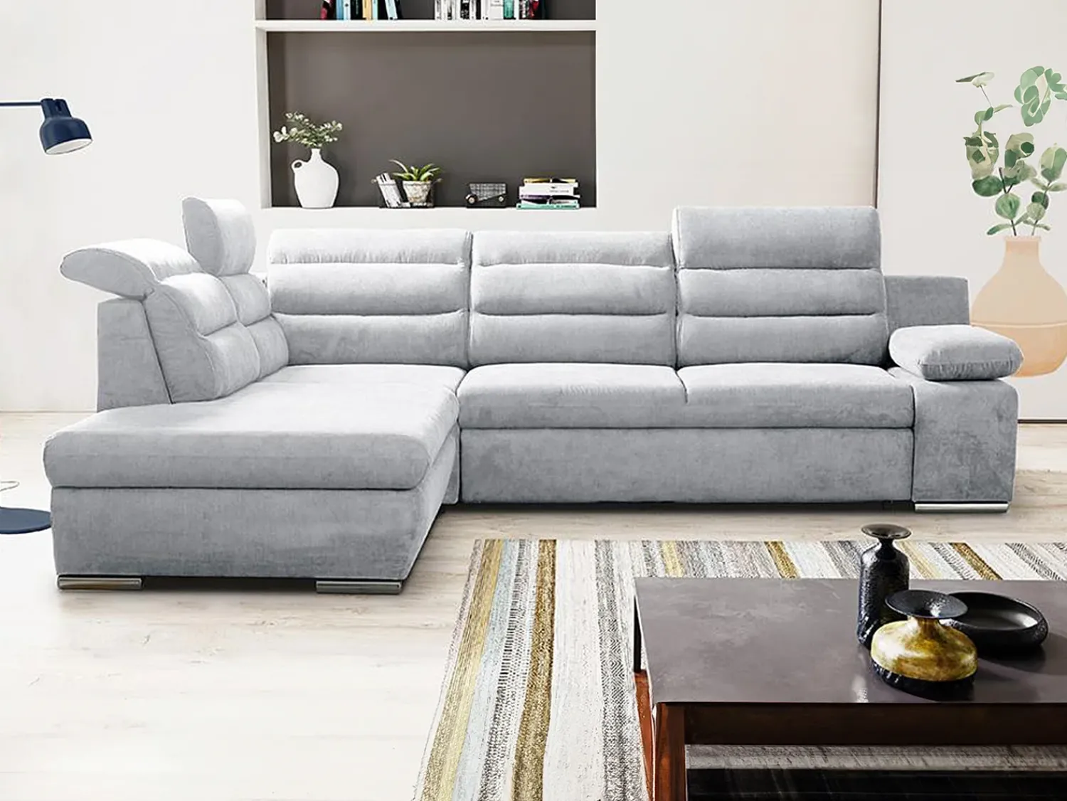 Sofá|Vente-unique Sofá cama de canto esquerdo em tecido Cinzento PYLOS Cinzento claro