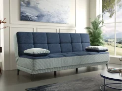 Clearance Dmora Sofá cama Dfortin, sofá cama de 3 lugares com pés de metal preto, Sofá da sala em tecido acolchoado com abertura click-clack, 190x87h97 cm, Cinza e Azul Cinzento