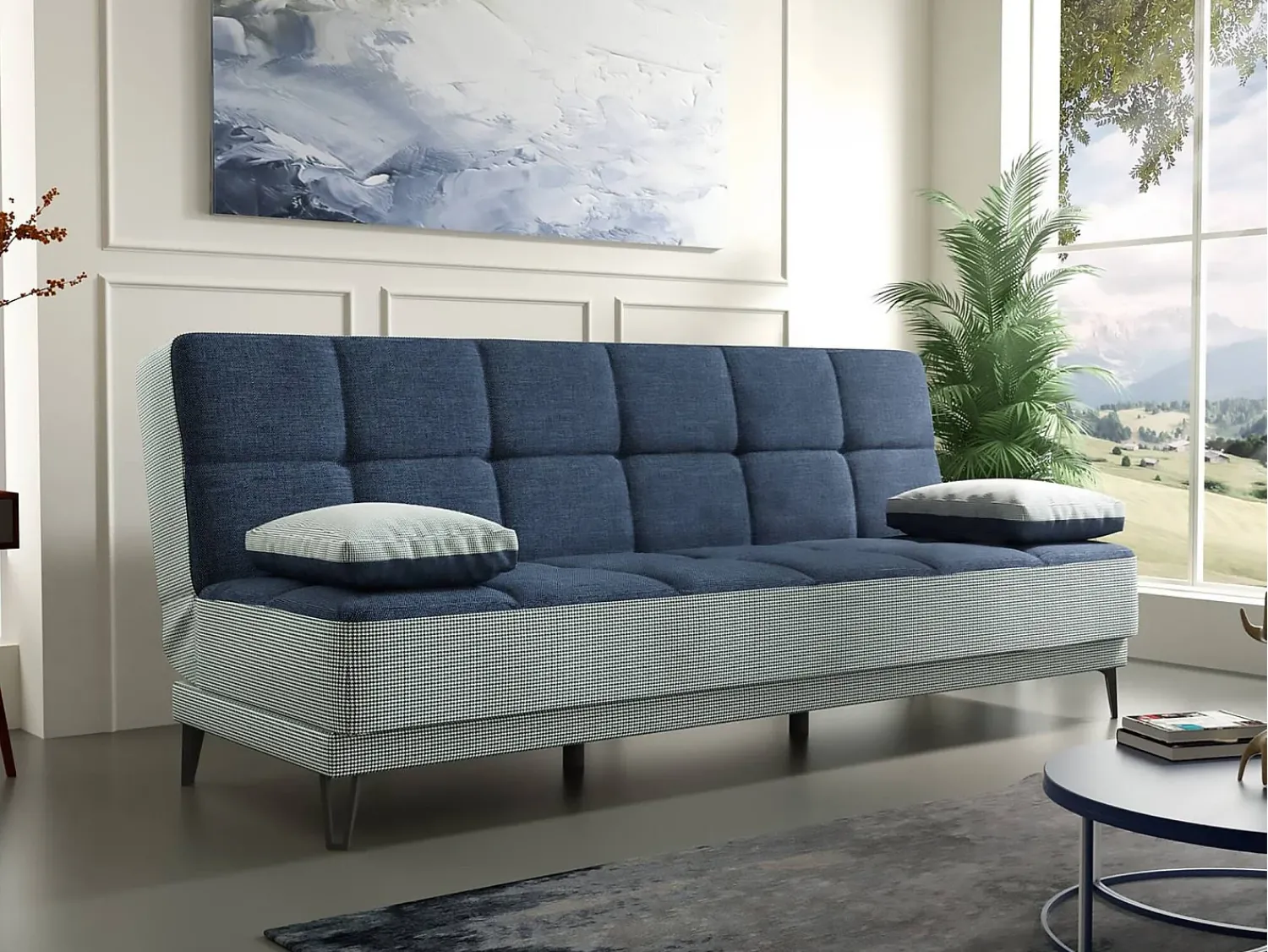 Clearance Dmora Sofá cama Dfortin, sofá cama de 3 lugares com pés de metal preto, Sofá da sala em tecido acolchoado com abertura click-clack, 190x87h97 cm, Cinza e Azul Cinzento