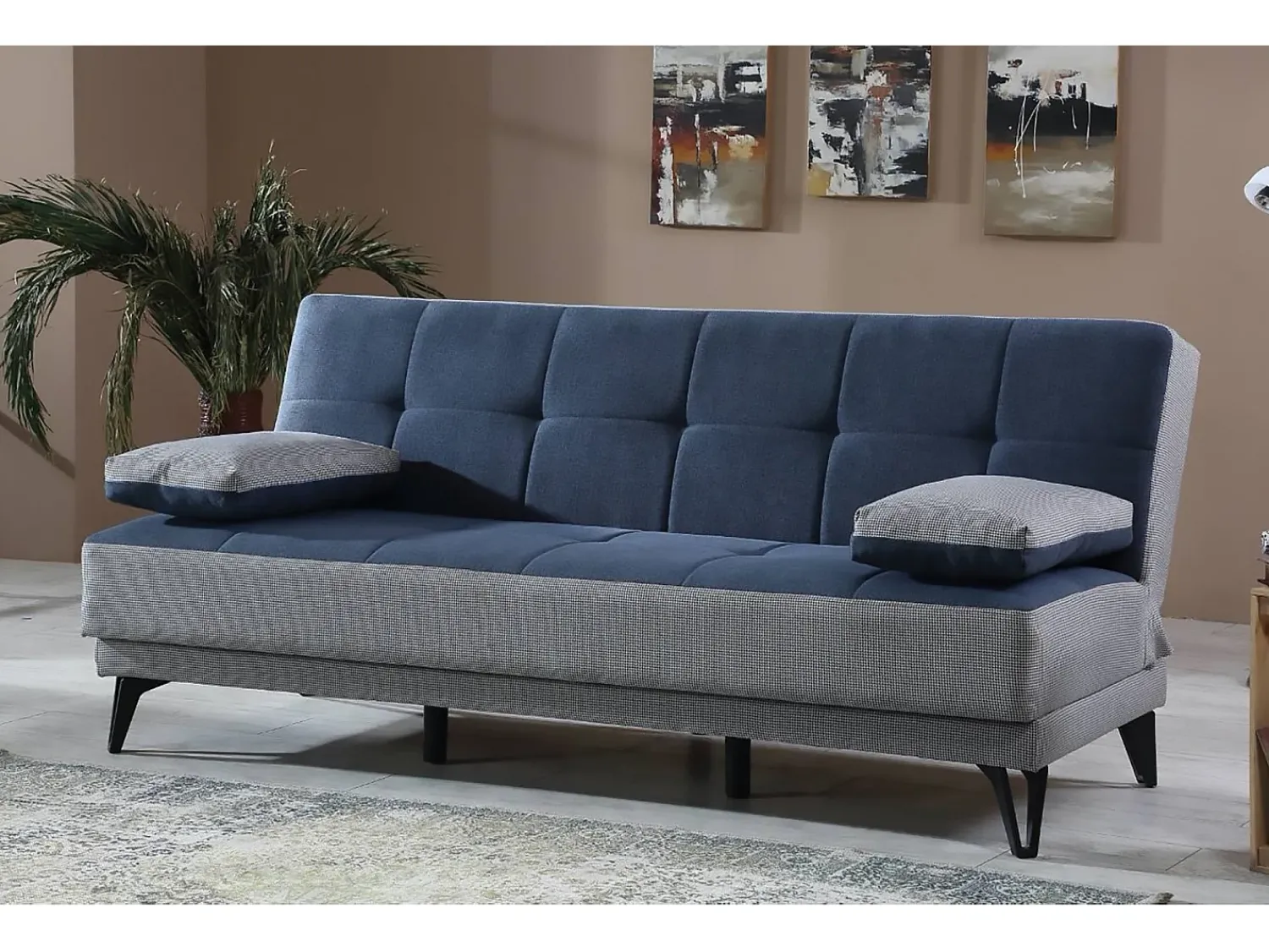 Clearance Dmora Sofá cama Dfortin, sofá cama de 3 lugares com pés de metal preto, Sofá da sala em tecido acolchoado com abertura click-clack, 190x87h97 cm, Cinza e Azul Cinzento