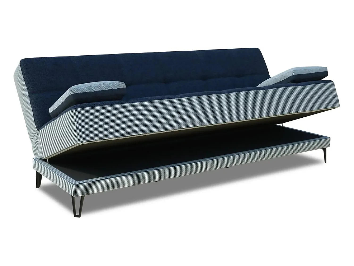 Clearance Dmora Sofá cama Dfortin, sofá cama de 3 lugares com pés de metal preto, Sofá da sala em tecido acolchoado com abertura click-clack, 190x87h97 cm, Cinza e Azul Cinzento