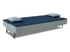 Clearance Dmora Sofá cama Dfortin, sofá cama de 3 lugares com pés de metal preto, Sofá da sala em tecido acolchoado com abertura click-clack, 190x87h97 cm, Cinza e Azul Cinzento