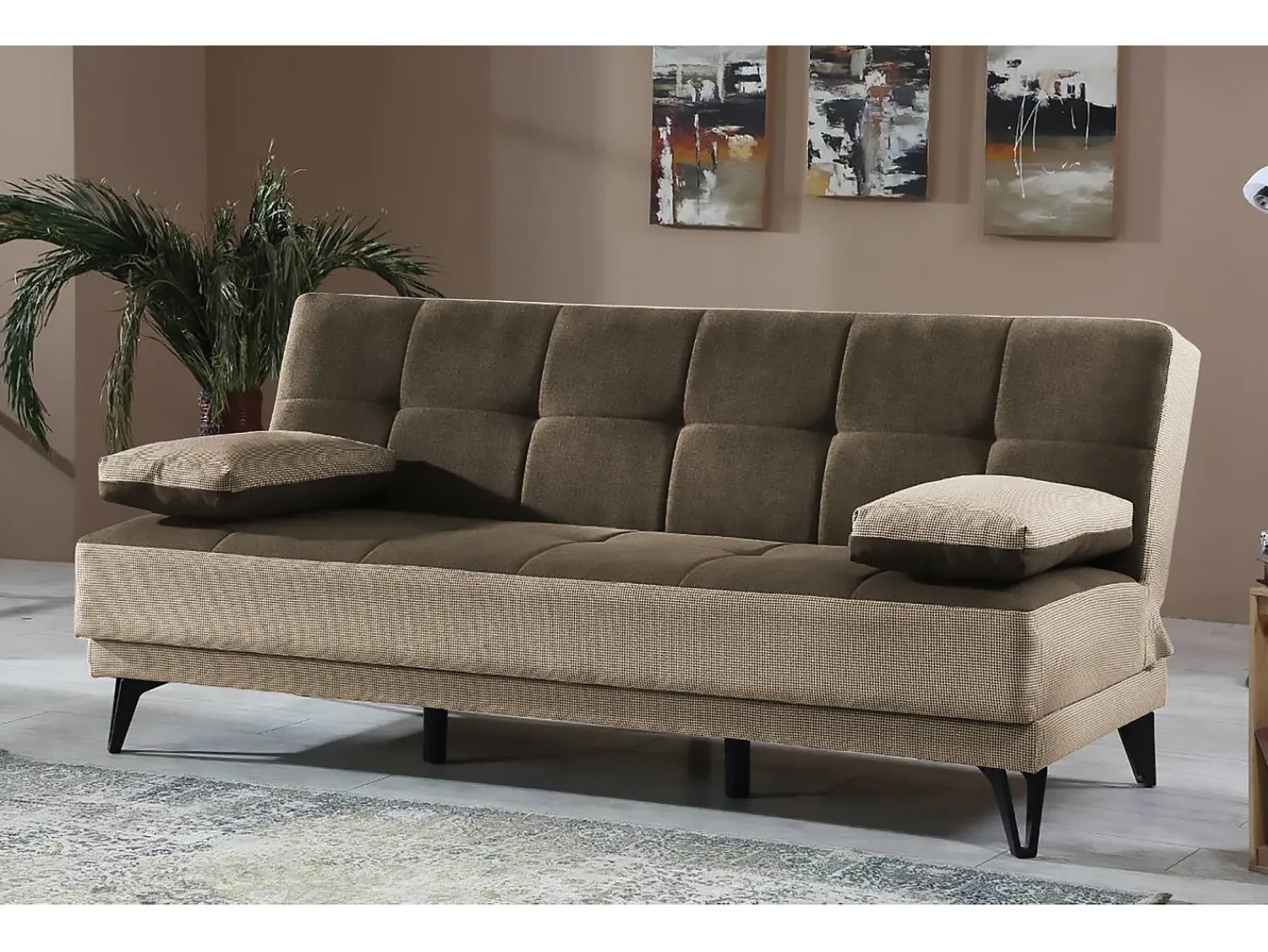 Sofá|Dmora Sofá cama Dfortin, sofá cama de 3 lugares com pés de metal preto, Sofá da sala em tecido estofado com abertura click-clack, 190x87h97 cm, Cinza e Marrom Cinzento