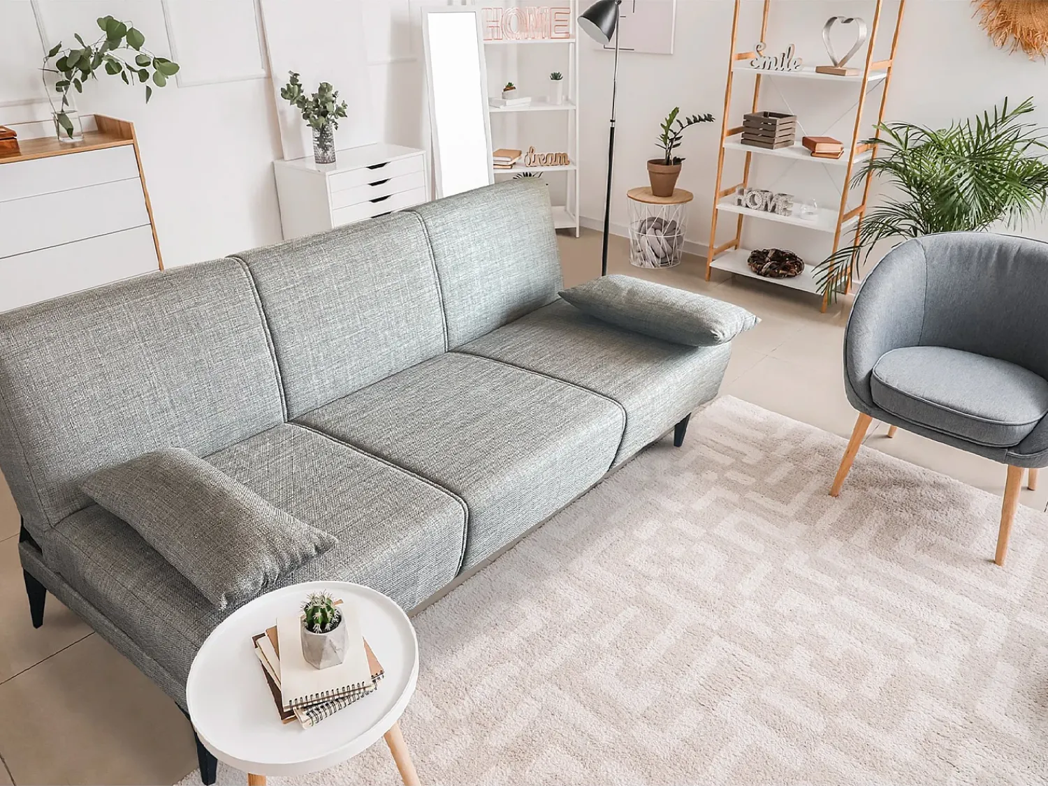 Dmora Sofá cama Hugo, Sofá cama de tecido, Sofá cama com abertura click-clack, Sofá cama com almofadas, 190x70h80 cm, Cinza^ Sofá