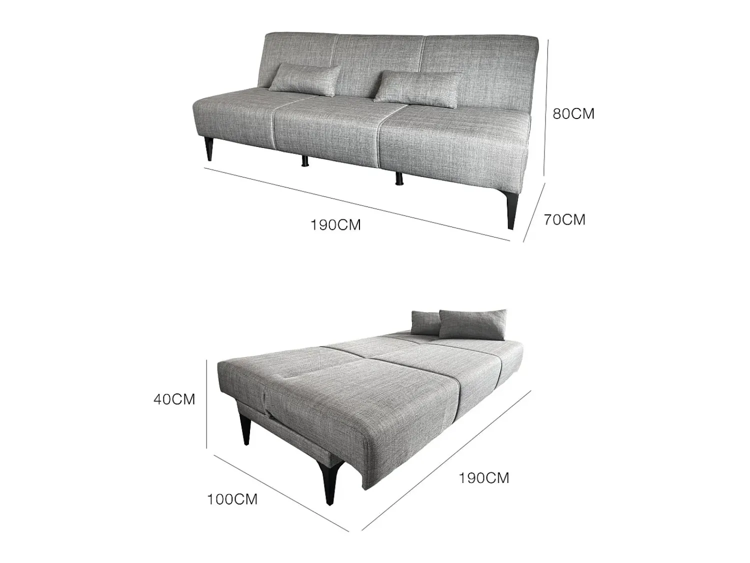 Dmora Sofá cama Hugo, Sofá cama de tecido, Sofá cama com abertura click-clack, Sofá cama com almofadas, 190x70h80 cm, Cinza^ Sofá