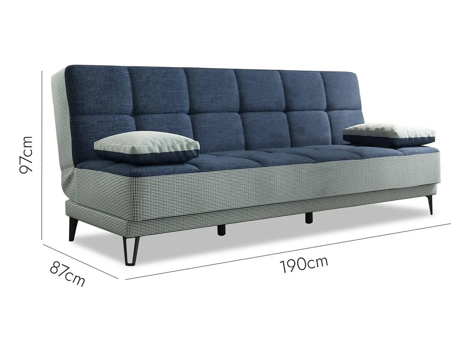 Dmora Sofá cama Jordi, sofá cama de 3 lugares com pés de metal preto, Sofá da sala em tecido acolchoado com abertura click-clack, 190x87h97 cm, Cinza e Azul Cinzento