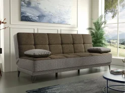Sofá*Dmora Sofá cama Jordi, sofá cama de 3 lugares com pés de metal preto, Sofá da sala em tecido acolchoado com abertura click-clack, 190x87h97 cm, Cinza e Marrom Cinzento