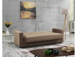Sofá|Dmora Sofá cama Jorge, sofá cama container linear de 3 lugares com 2 almofadas incluídas, Sofá da sala em tecido acolchoado com abertura click-clack, 214x81xh89 cm, Bege