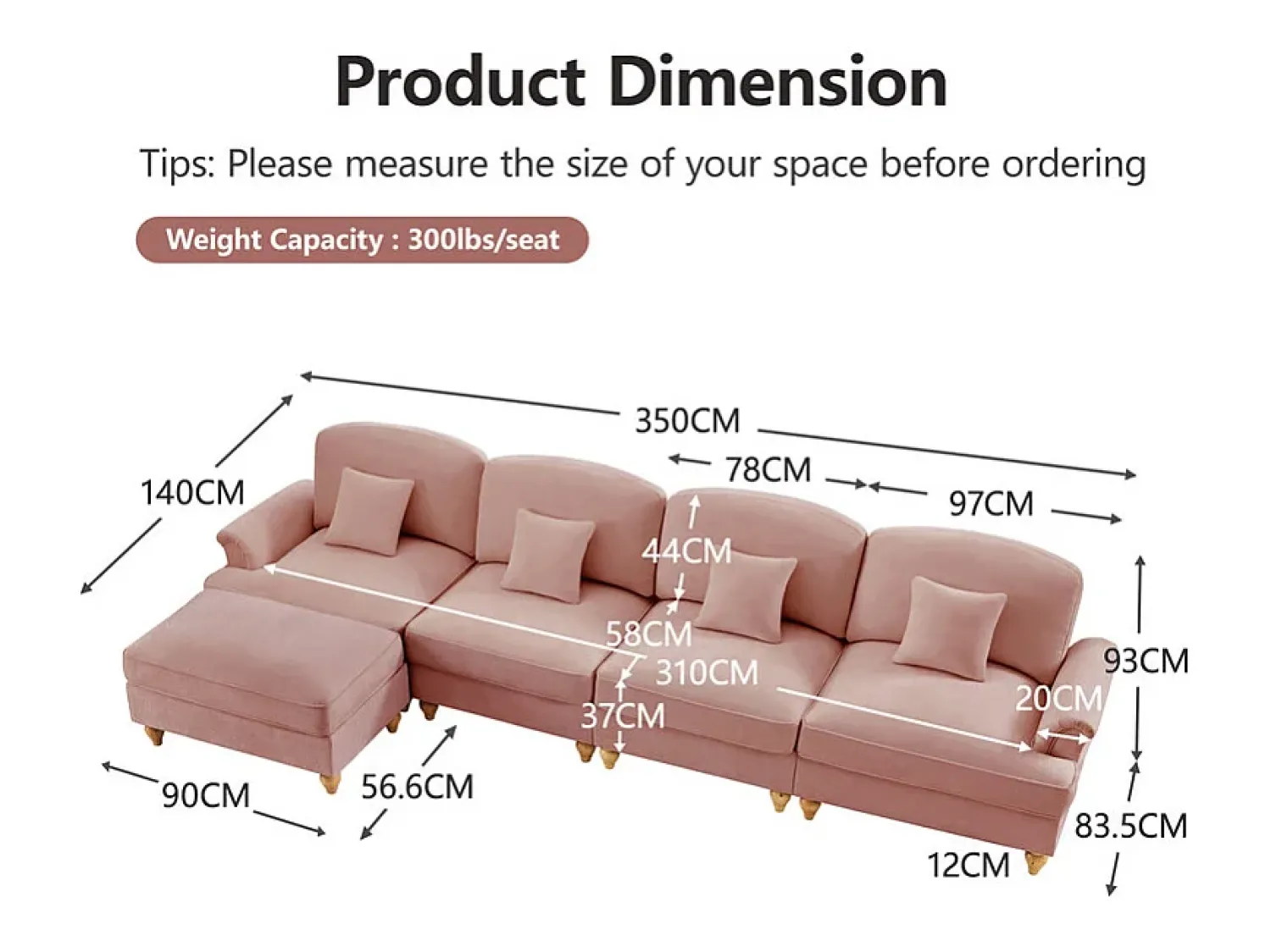 DripeX Sofá Cantinho Modular 4 Lugares em L - Chenille - Capa Removível e Puf - 350x140x93cm -^ Sofá