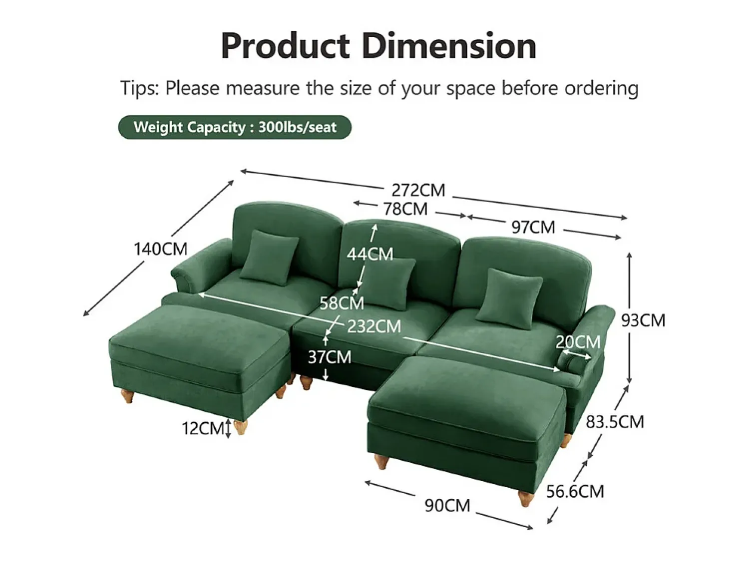 DripeX Sofá Cantinho Modular 3 Lugares em U - Chenille - Capa Removível e 2 Pufs - 272x140x93cm -^ Sofá