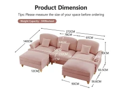 Sofá*DripeX Sofá Cantinho Modular 3 Lugares em U - Chenille - Capa Removível e 2 Pufs - 272x140x93cm - Rosa