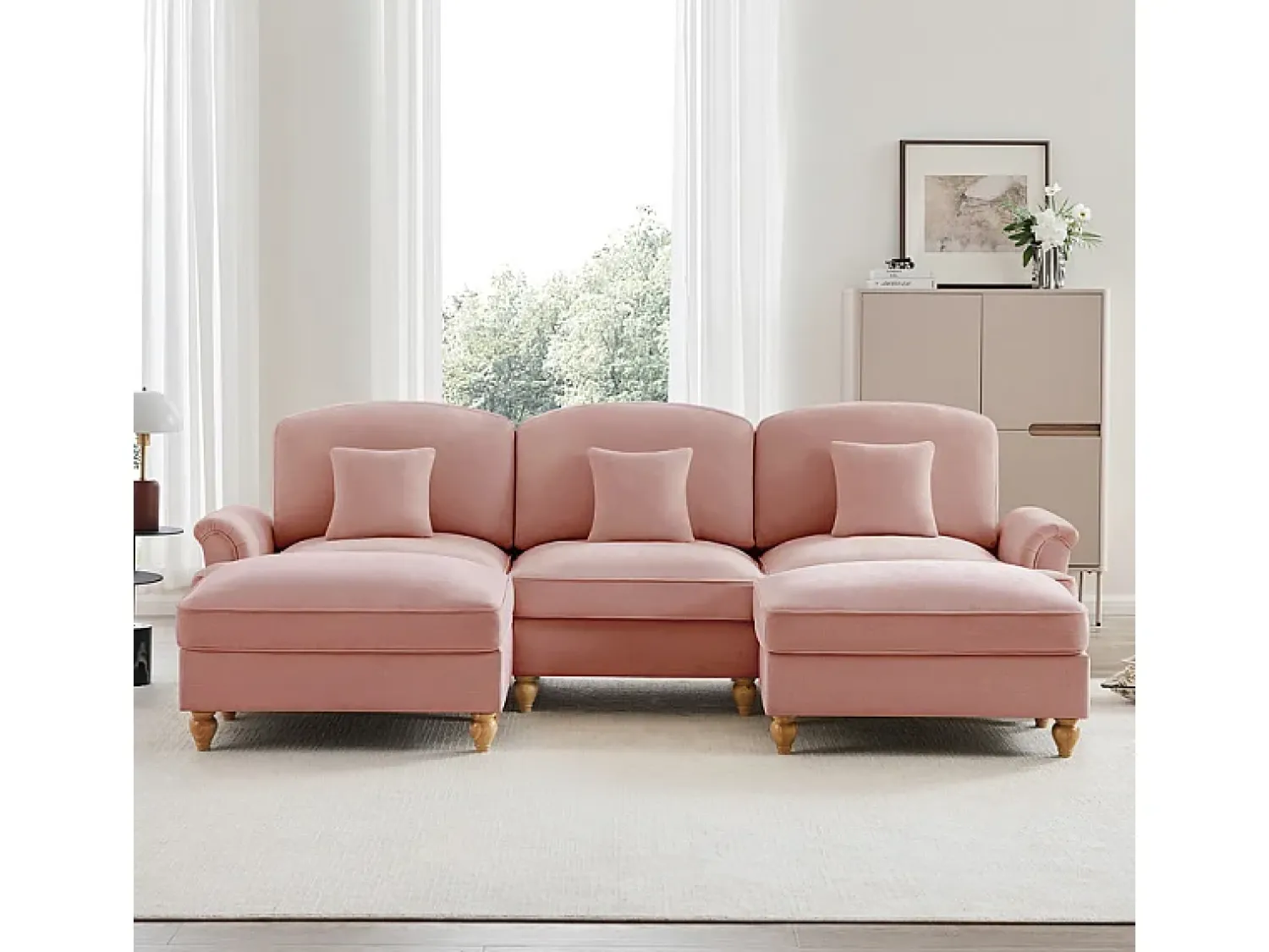 Sofá*DripeX Sofá Cantinho Modular 3 Lugares em U - Chenille - Capa Removível e 2 Pufs - 272x140x93cm - Rosa