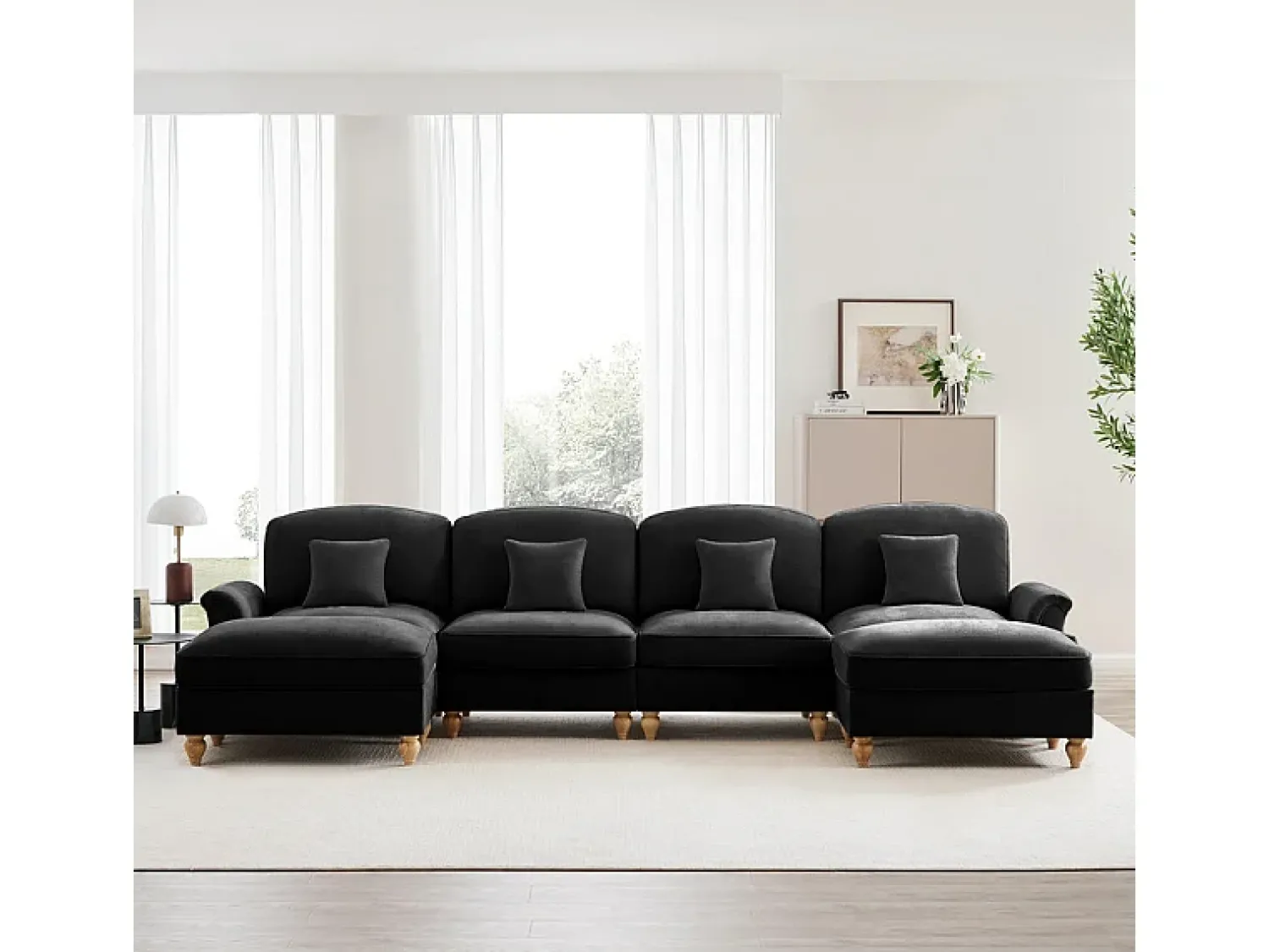 Sofá*DripeX Sofá Cantinho Modular 4 Lugares em U - Chenille - Capa Removível e 2 Pufs - 350x140x93cm - Preto
