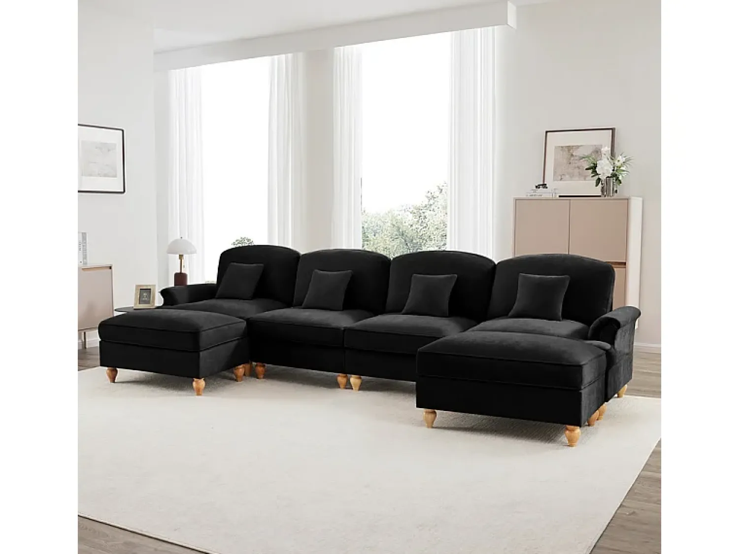 Sofá*DripeX Sofá Cantinho Modular 4 Lugares em U - Chenille - Capa Removível e 2 Pufs - 350x140x93cm - Preto