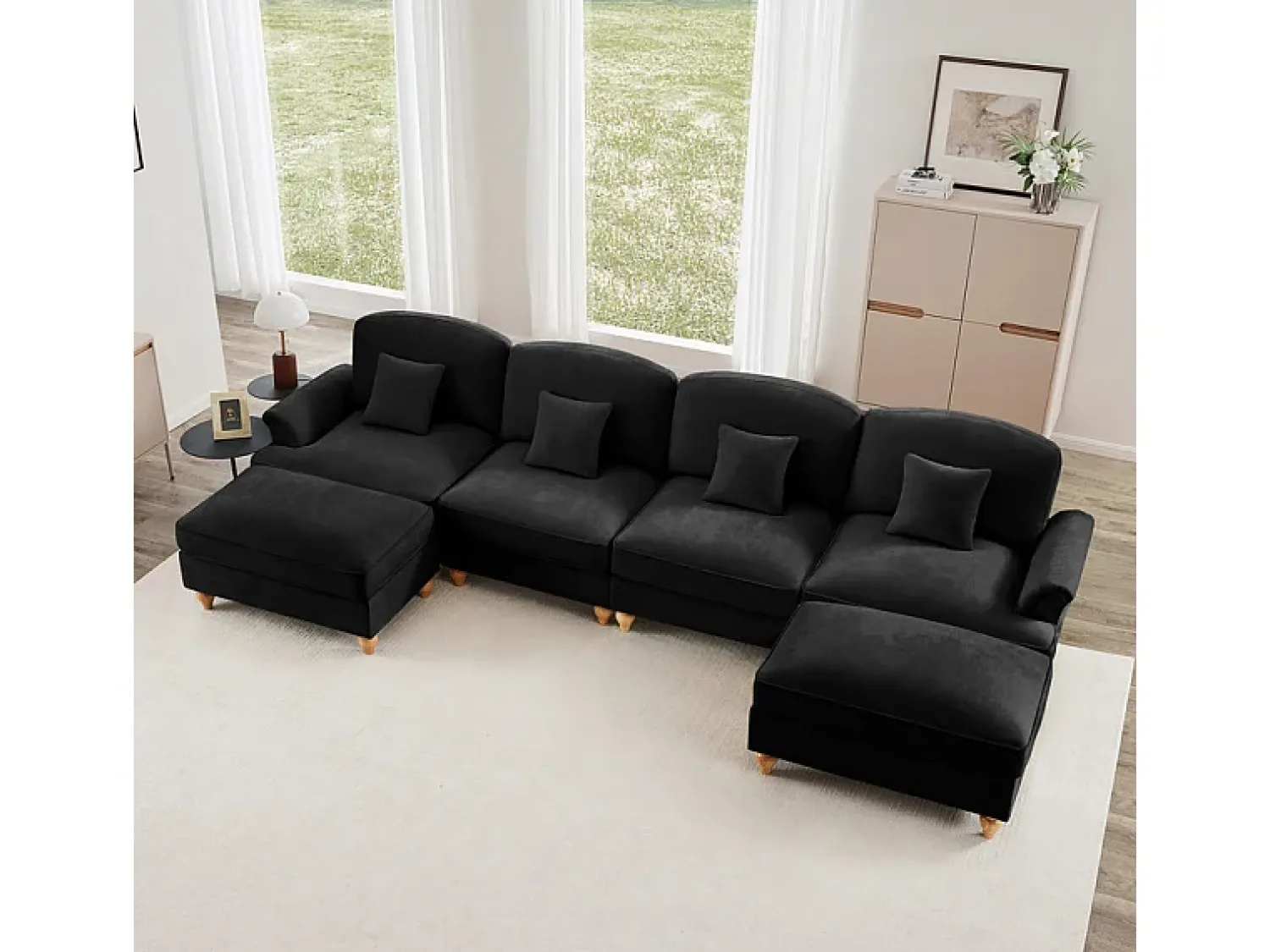 Sofá*DripeX Sofá Cantinho Modular 4 Lugares em U - Chenille - Capa Removível e 2 Pufs - 350x140x93cm - Preto