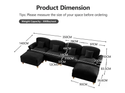 Sofá*DripeX Sofá Cantinho Modular 4 Lugares em U - Chenille - Capa Removível e 2 Pufs - 350x140x93cm - Preto