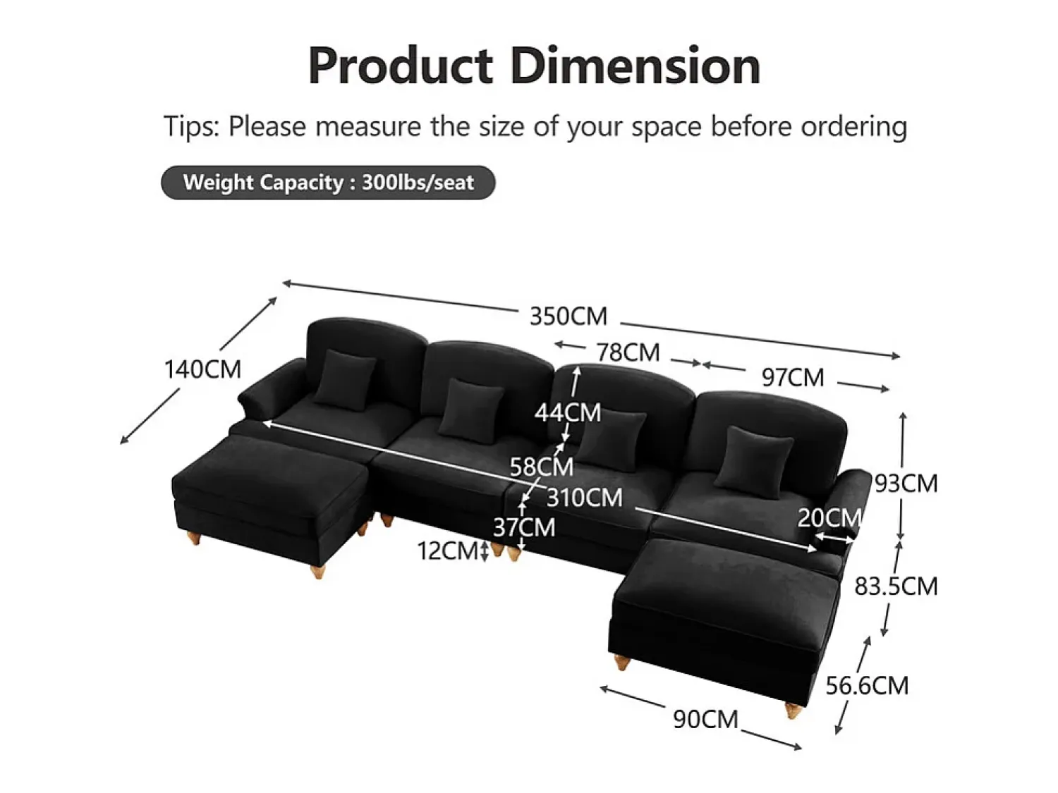Sofá*DripeX Sofá Cantinho Modular 4 Lugares em U - Chenille - Capa Removível e 2 Pufs - 350x140x93cm - Preto