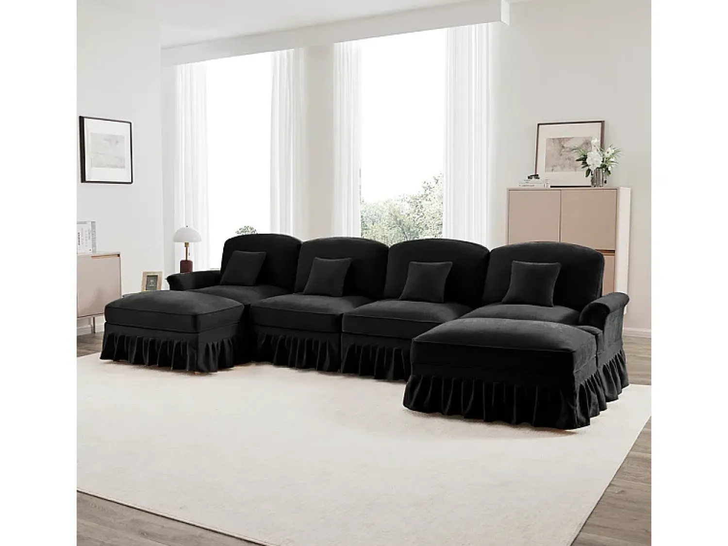 Sofá*DripeX Sofá Cantinho Modular 4 Lugares em U - Chenille - Capa Removível e 2 Pufs - 350x140x93cm - Preto