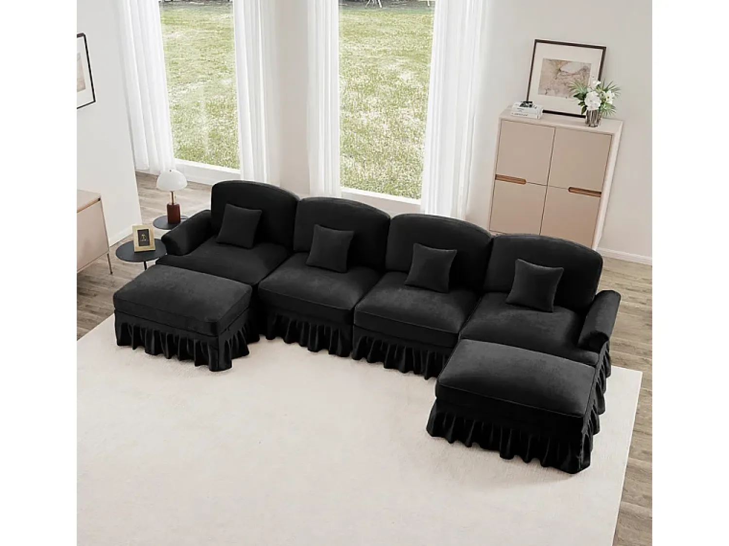 Sofá*DripeX Sofá Cantinho Modular 4 Lugares em U - Chenille - Capa Removível e 2 Pufs - 350x140x93cm - Preto