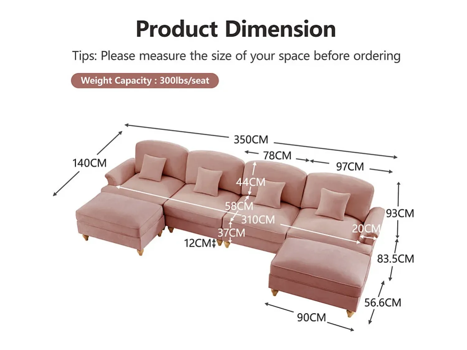 Sofá*DripeX Sofá Cantinho Modular 4 Lugares em U - Chenille - Capa Removível e 2 Pufs - 350x140x93cm - Rosa