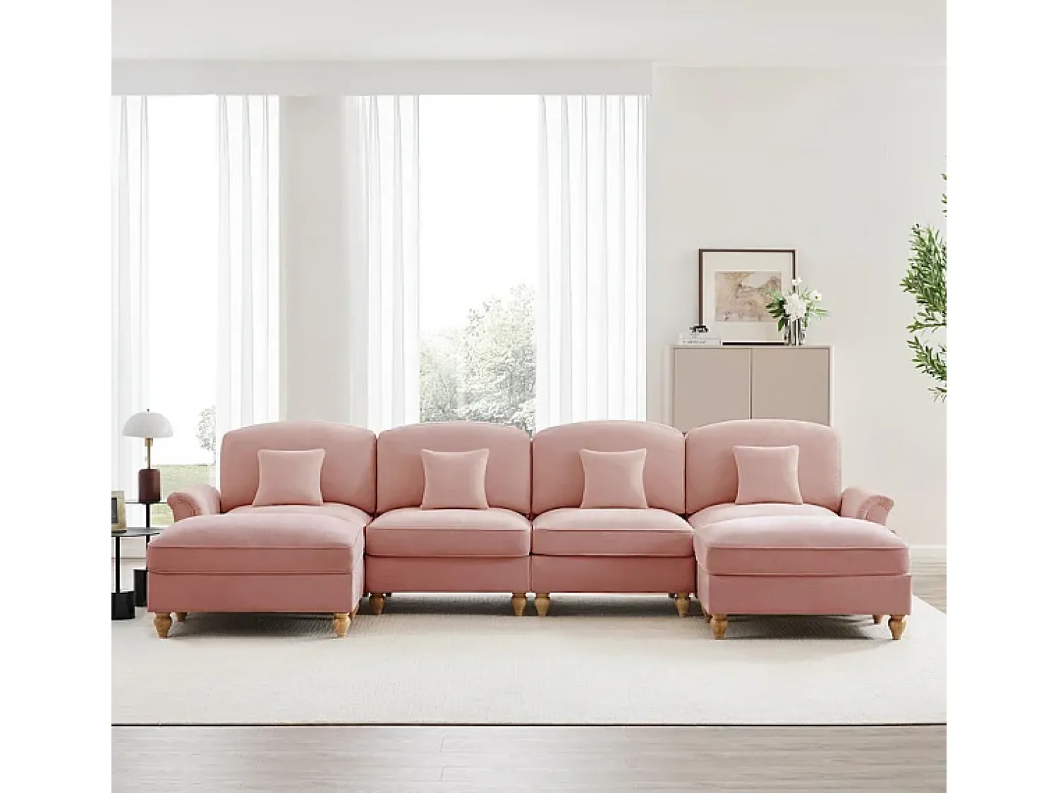 Sofá*DripeX Sofá Cantinho Modular 4 Lugares em U - Chenille - Capa Removível e 2 Pufs - 350x140x93cm - Rosa