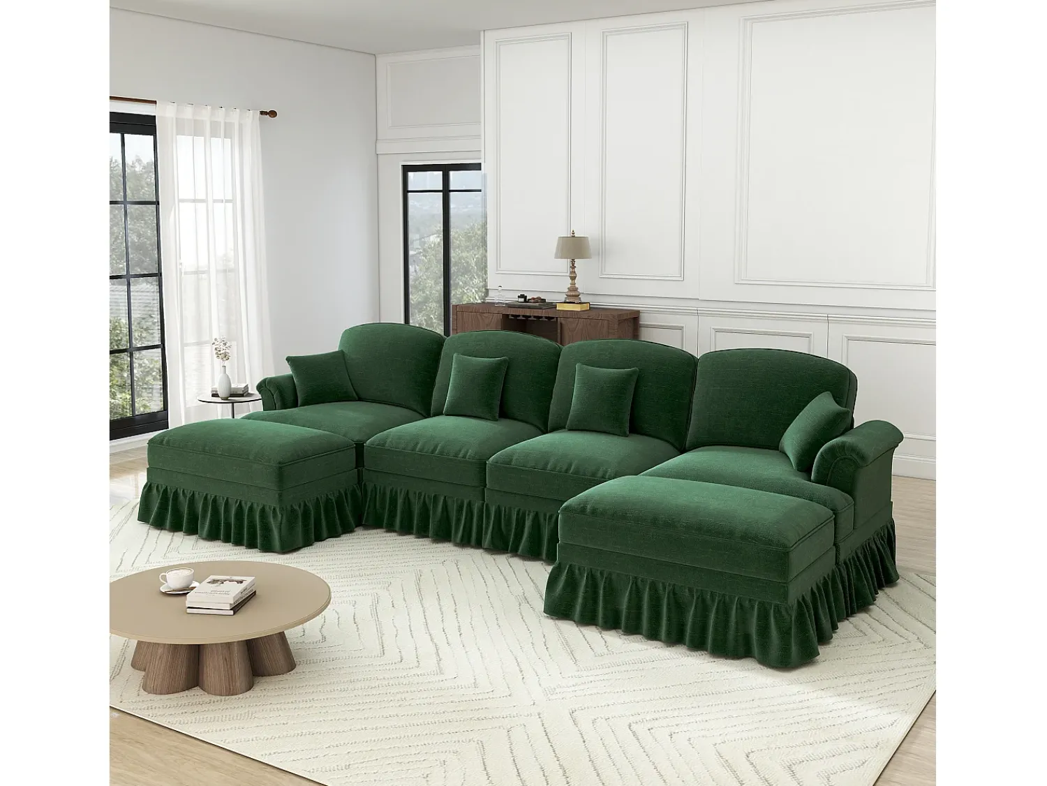 Online DripeX Sofá Cantinho Modular 4 Lugares em U - Chenille - Capa Removível e 2 Pufs - 350x140x93cm - Verde