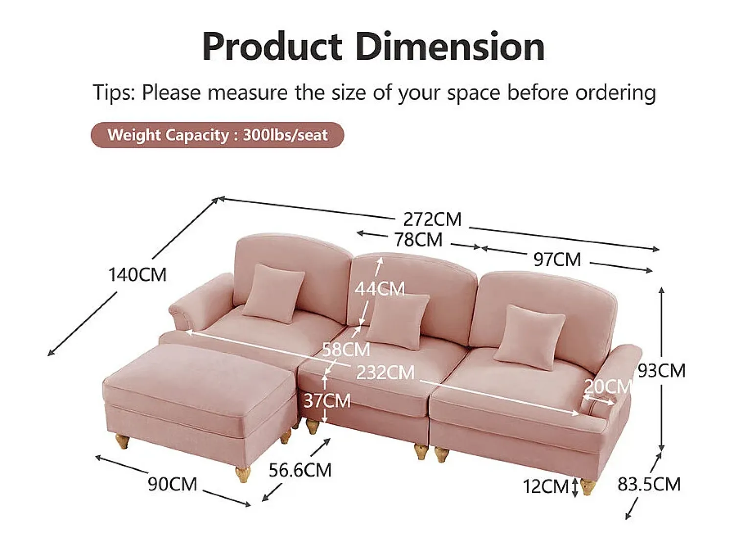 DripeX Sofá Cantinho Modular 3 Lugares Chenille - Capa Removível e Puf Móvel - 272x140x93cm -^ Sofá