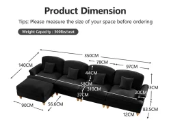 New DripeX Sofá Cantinho Modular 4 Lugares em L - Chenille - Capa Removível e Puf - 350x140x93cm - Preto