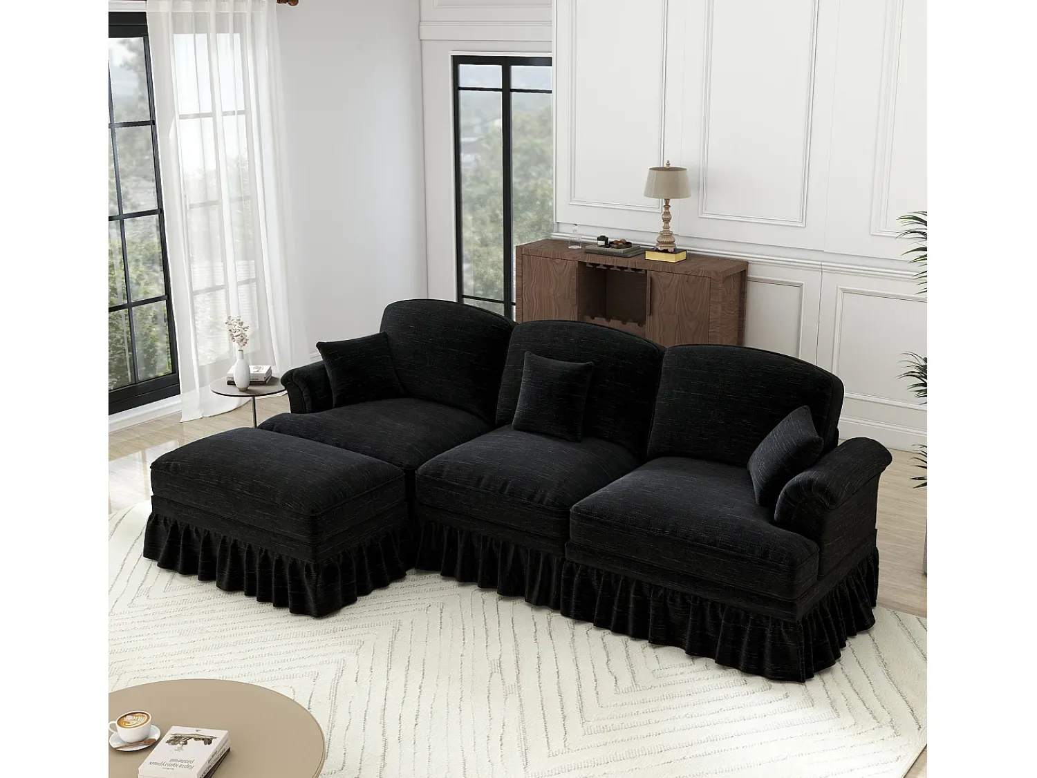 Sofá*DripeX Sofá Cantinho Modular 3 Lugares Chenille - Capa Removível e Puf Móvel - 272x140x93cm - Preto